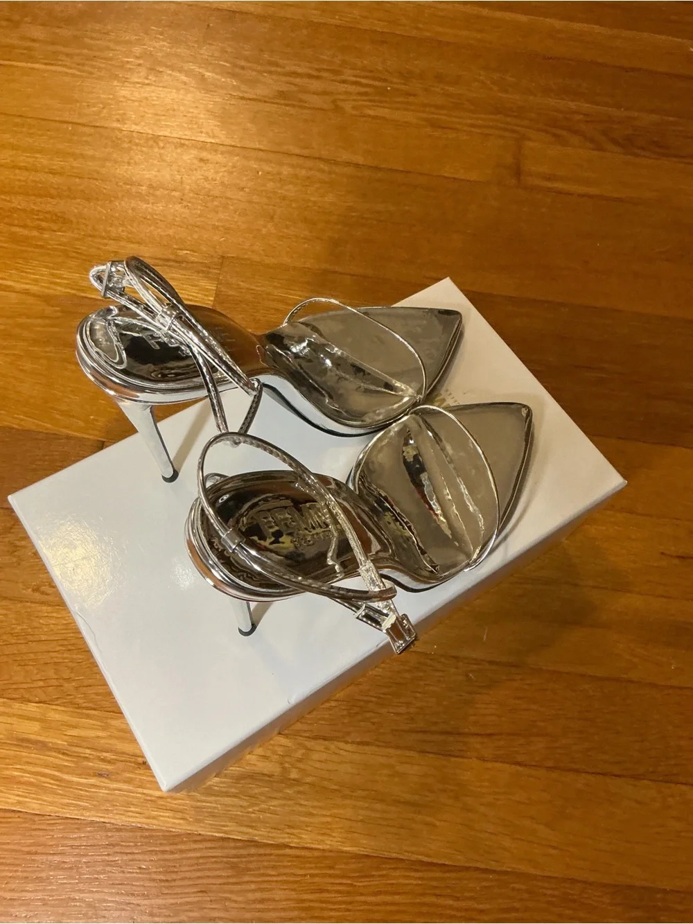 FEMME LA Silver Metallic Stiletto Ankle-Strap Sandal